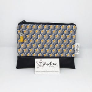 pochette zippee hexajaune zumeline fait main jaune moutarde bleu